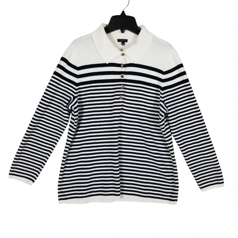 Talbots Polo Sweater Womens 1X White Black Striped Long Sleeve Cotton Blend 69s